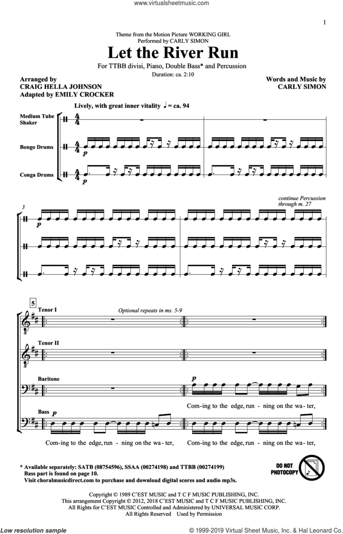 Let The River Run (arr. Craig Hella Johnson) sheet music for choir (TTBB: tenor, bass) by Carly Simon and Craig Hella Johnson, intermediate skill level