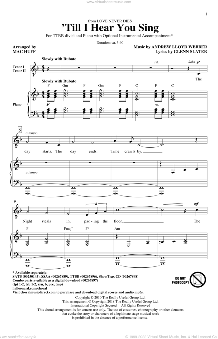 'Til I Hear You Sing (arr. Mac Huff) sheet music for choir (TTBB: tenor, bass) by Andrew Lloyd Webber, Mac Huff and Glenn Slater, intermediate skill level