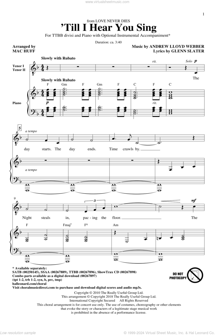 'Til I Hear You Sing (arr. Mac Huff) sheet music for choir (TTBB: tenor, bass) by Andrew Lloyd Webber, Mac Huff and Glenn Slater, intermediate skill level