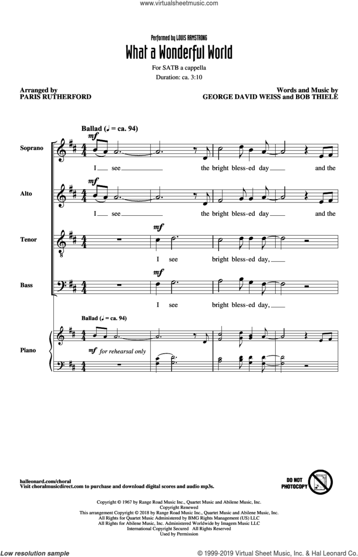 What A Wonderful World (arr. Paris Rutherford) sheet music for choir (SATB: soprano, alto, tenor, bass) by Louis Armstrong, Paris Rutherford, Bob Thiele and George David Weiss, intermediate skill level