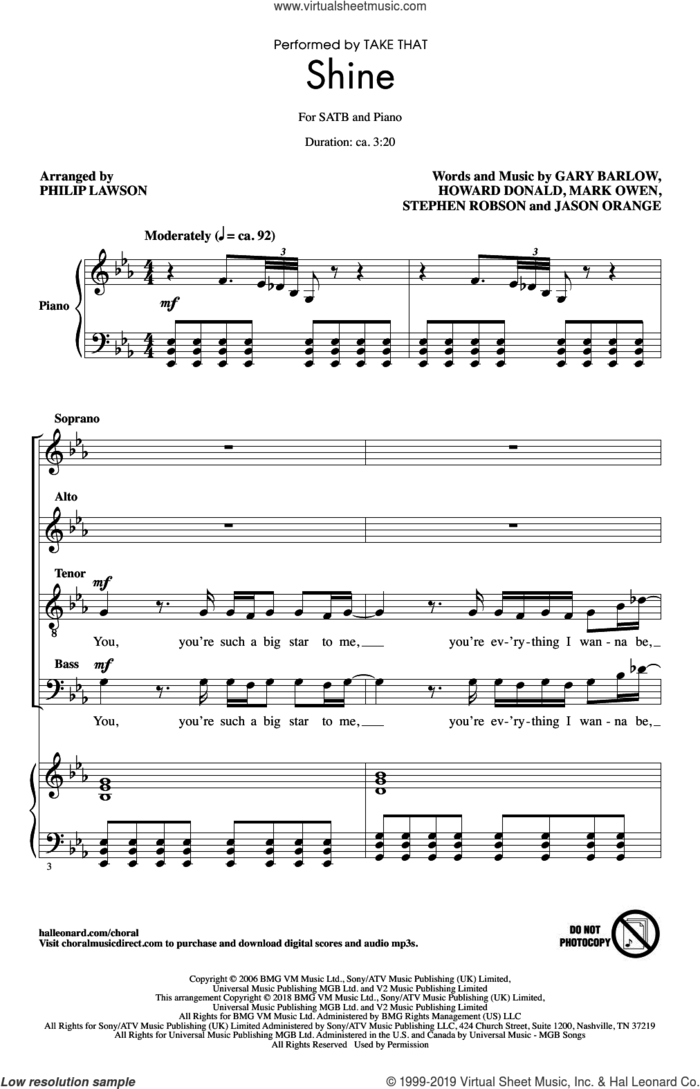 Shine sheet music for choir (SATB: soprano, alto, tenor, bass) by Gary Barlow, Philip Lawson, Take That, Howard Donald, Jason Orange, Mark Owen and Steve Robson, intermediate skill level