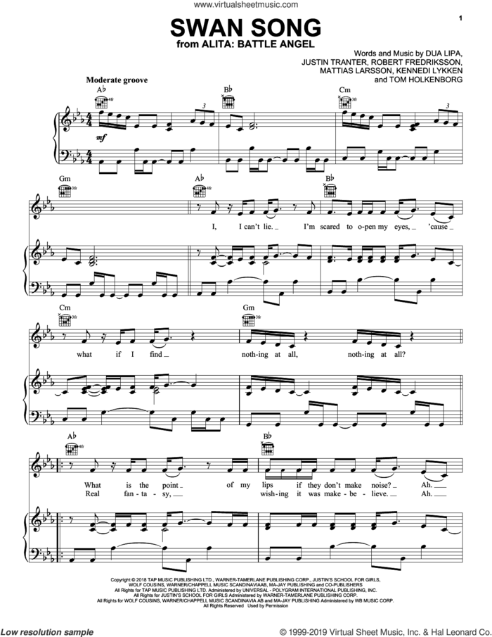 Swan Song (from Alita: Battle Angel) sheet music for voice, piano or guitar by Dua Lipa, Justin Tranter, Kennedi Lykken, Mattias Larsson, Robin Fredriksson and Tom Holkenborg, intermediate skill level
