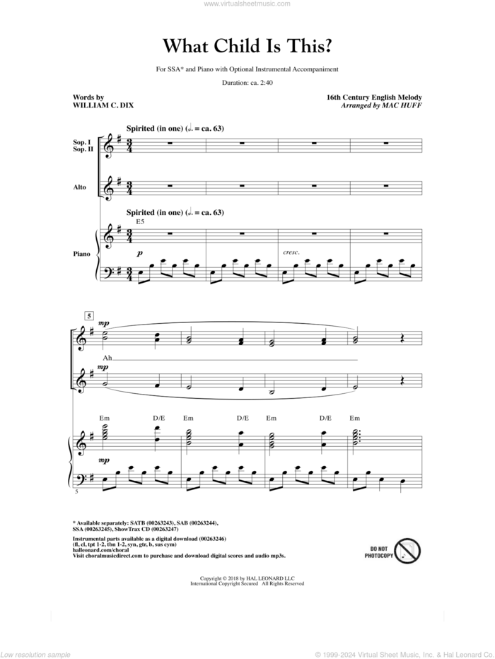 What Child Is This? sheet music for choir (SSA: soprano, alto) by Mac Huff, Miscellaneous and William Chatterton Dix, intermediate skill level