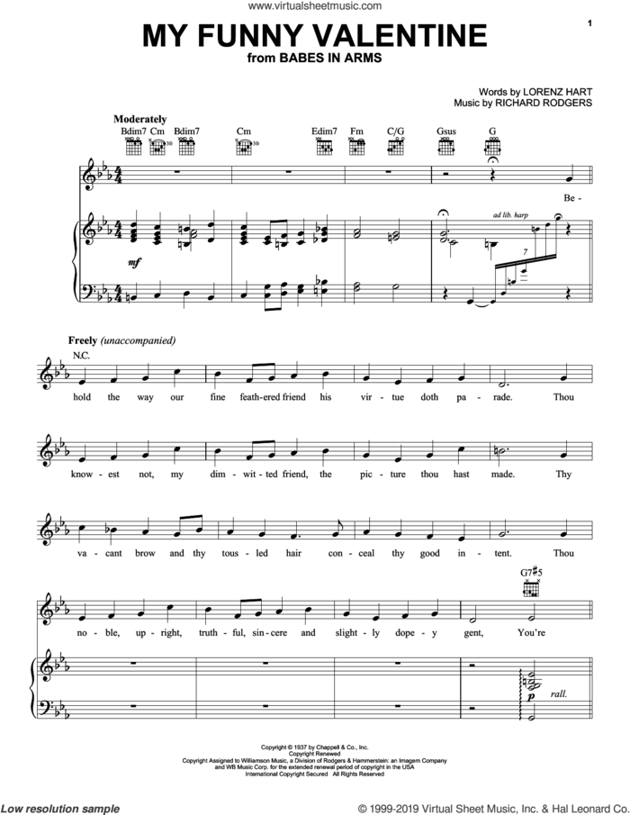 My Funny Valentine sheet music for voice, piano or guitar by Rodgers & Hart, Lorenz Hart and Richard Rodgers, intermediate skill level