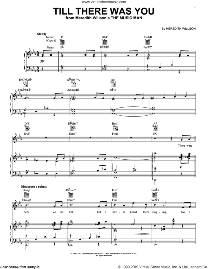Till There Was You sheet music for voice, piano or guitar by Meredith Willson and The Beatles, wedding score, intermediate skill level