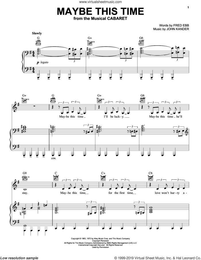 Maybe This Time sheet music for voice, piano or guitar by John Kander and Fred Ebb, intermediate skill level