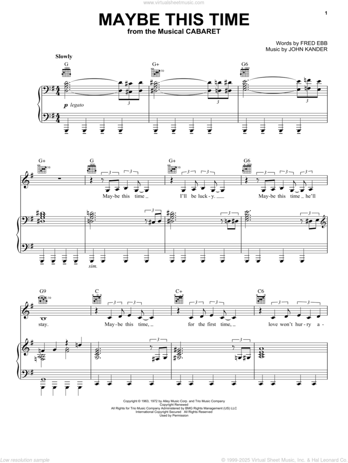 Maybe This Time sheet music for voice, piano or guitar by John Kander and Fred Ebb, intermediate skill level