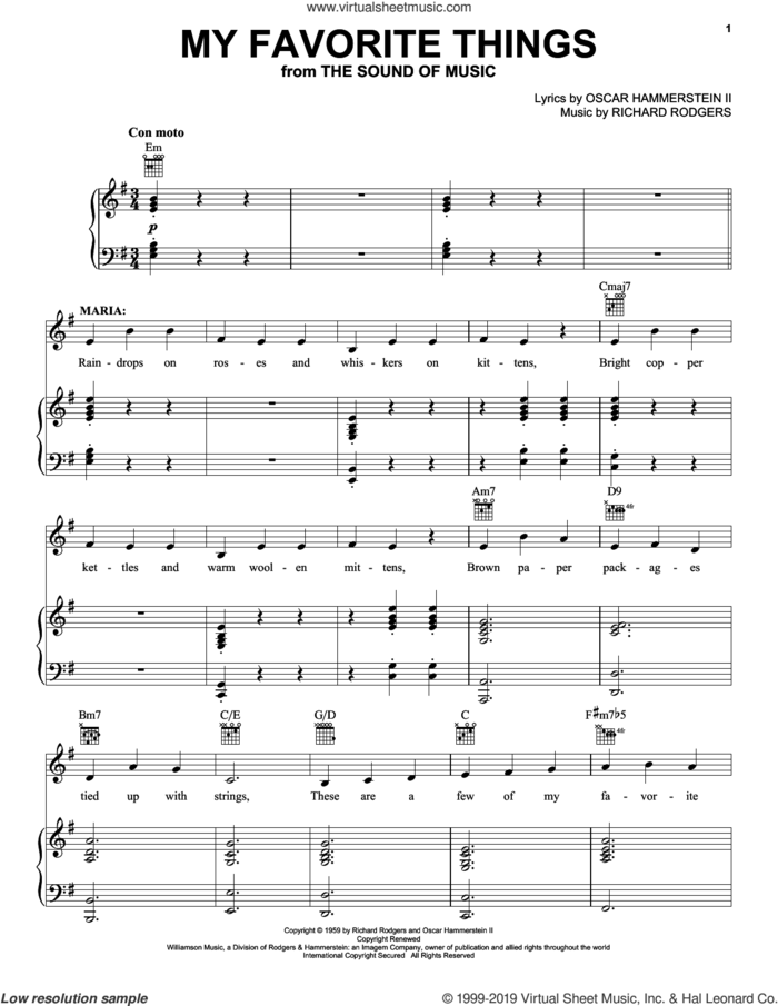 My Favorite Things sheet music for voice, piano or guitar by Richard Rodgers, Chicago, Lorrie Morgan, Oscar II Hammerstein and Rodgers & Hammerstein, intermediate skill level