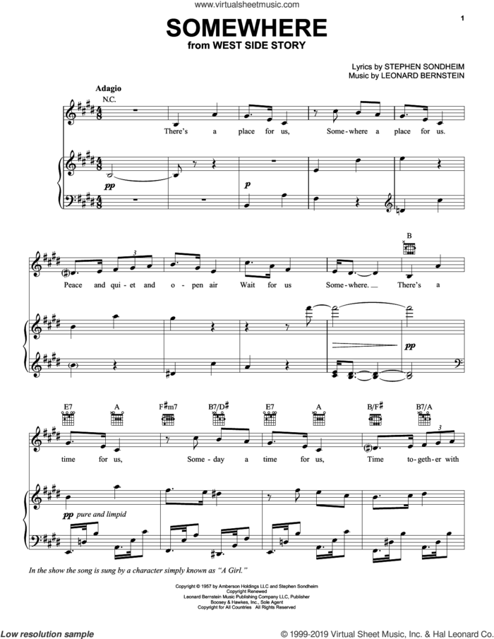 Somewhere sheet music for voice, piano or guitar by Stephen Sondheim and Leonard Bernstein, intermediate skill level