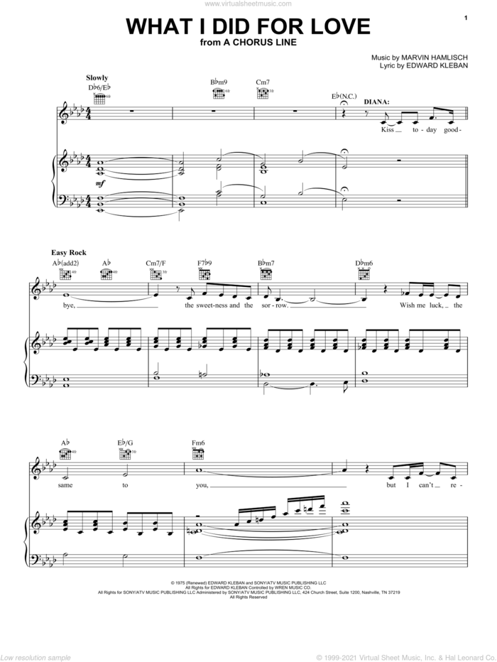 What I Did For Love sheet music for voice, piano or guitar by Marvin Hamlisch and Edward Kleban, intermediate skill level