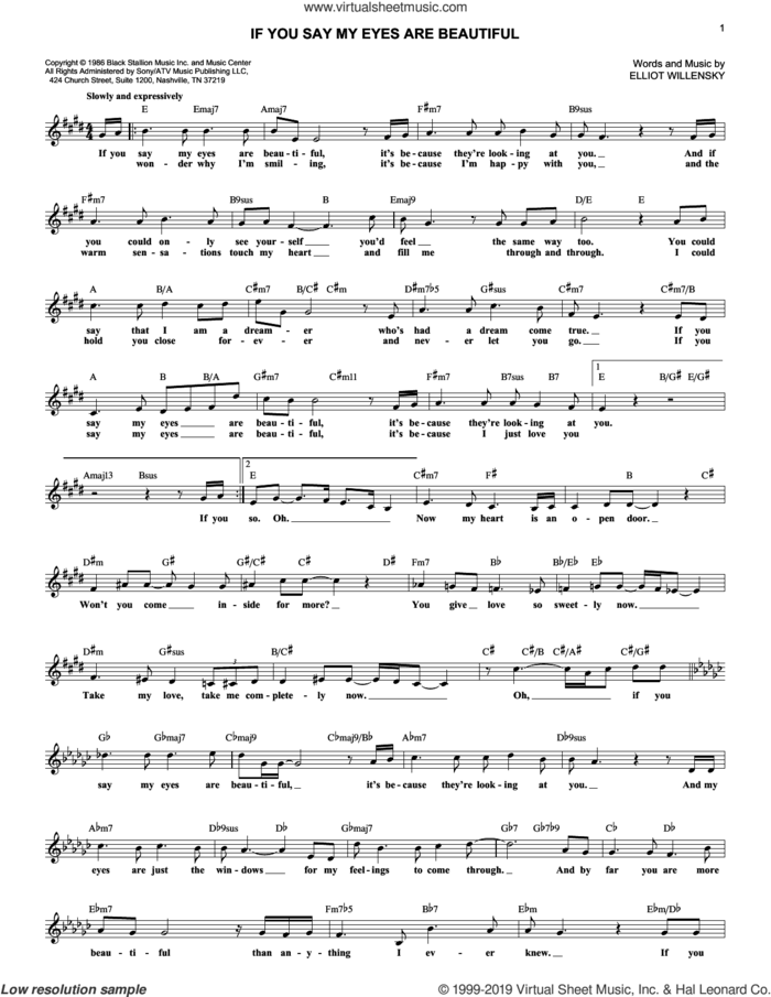 If You Say My Eyes Are Beautiful sheet music for voice and other instruments (fake book) by Elliot Willensky and Jermaine Jackson (with Whitney Houston), wedding score, intermediate skill level