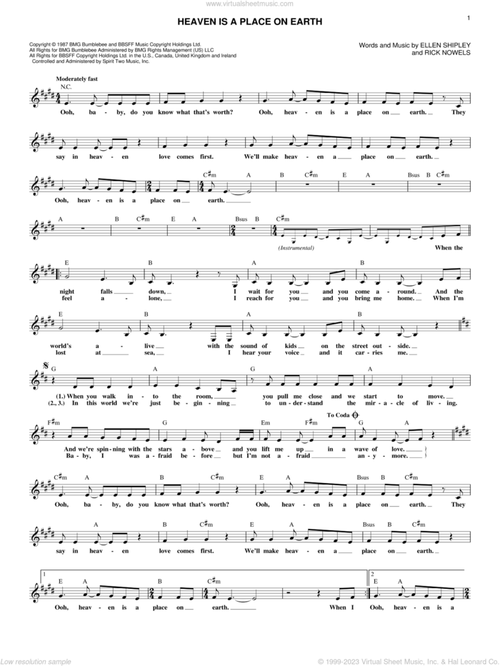 Heaven Is A Place On Earth sheet music for voice and other instruments (fake book) by Belinda Carlisle, Ellen Shipley and Rick Nowels, intermediate skill level