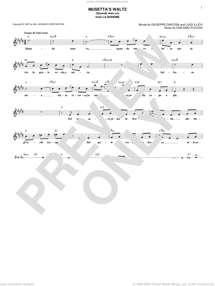 Musetta's Waltz (Quando Men Vo) sheet music for voice and other instruments (fake book) by Giacomo Puccini, Giuseppe Giacosa and Luigi Illica, classical score, intermediate skill level