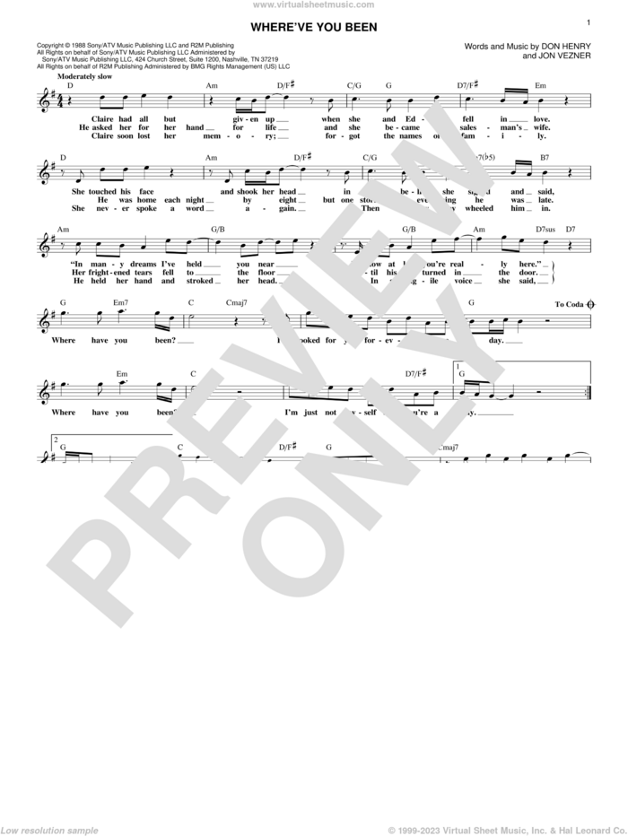 Where've You Been sheet music for voice and other instruments (fake book) by Kathy Mattea, Don Henry and Jon Vezner, wedding score, intermediate skill level