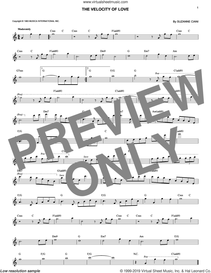 The Velocity Of Love sheet music for voice and other instruments (fake book) by Suzanne Ciani, wedding score, intermediate skill level