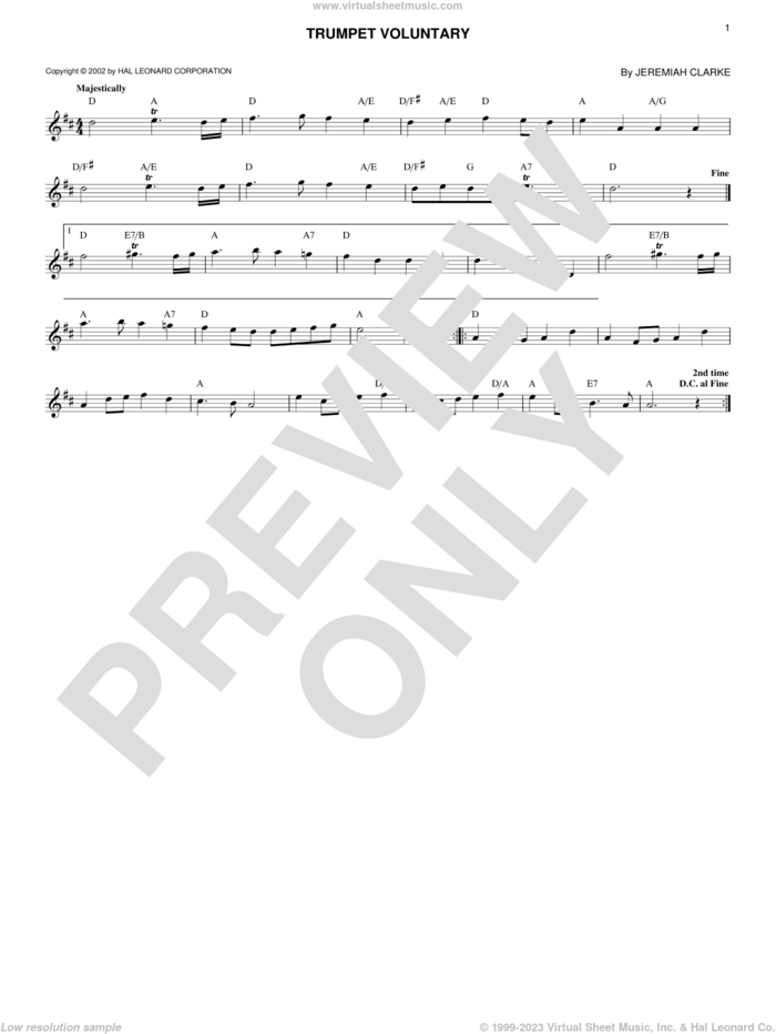 Trumpet Voluntary sheet music for voice and other instruments (fake book) by Jeremiah Clarke, classical wedding score, intermediate skill level