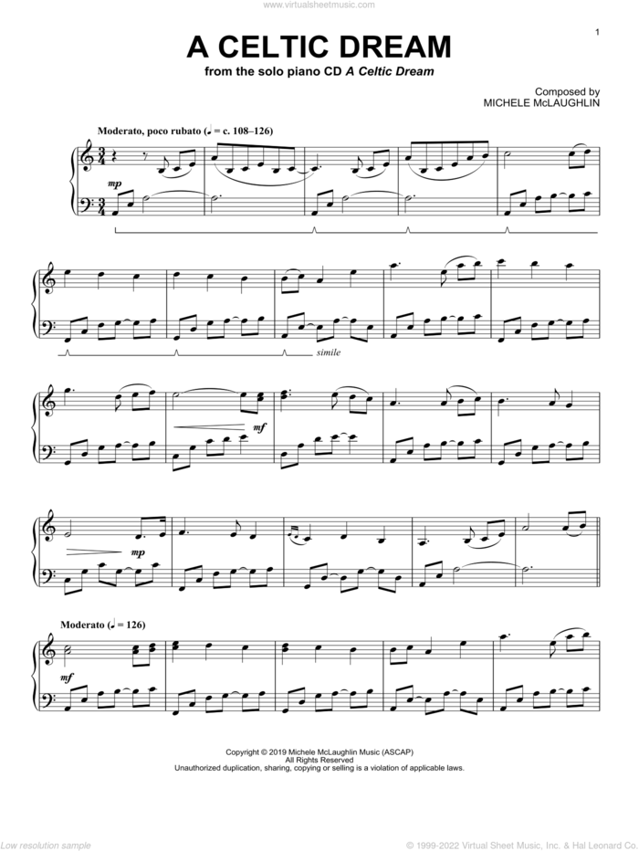 A Celtic Dream sheet music for piano solo by Michele McLaughlin, intermediate skill level