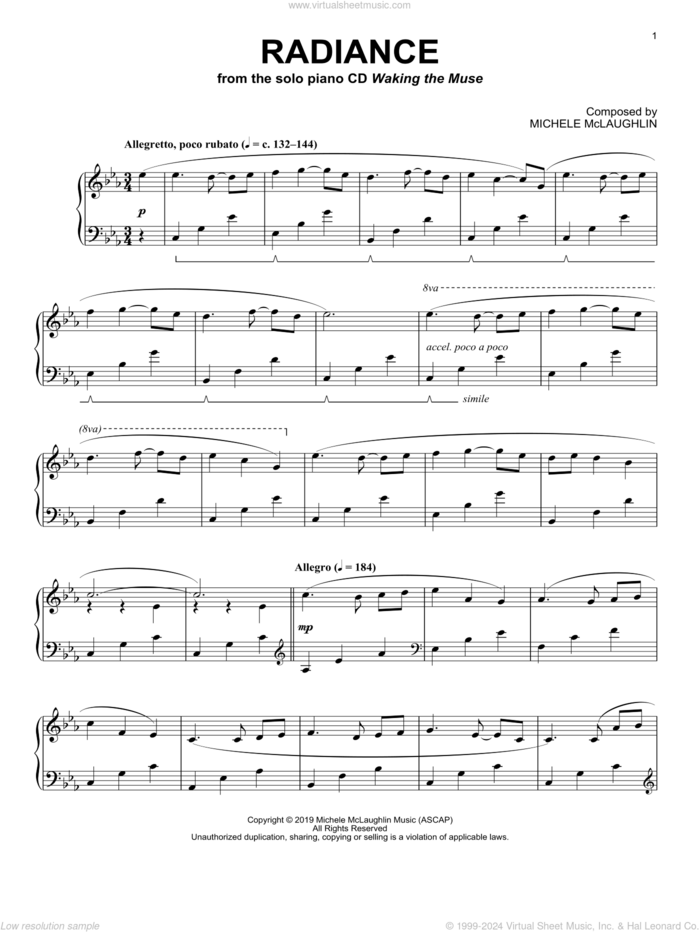 Radiance sheet music for piano solo by Michele McLaughlin, intermediate skill level