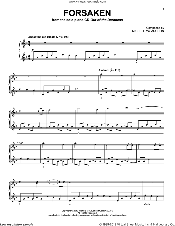 Forsaken sheet music for piano solo by Michele McLaughlin, intermediate skill level
