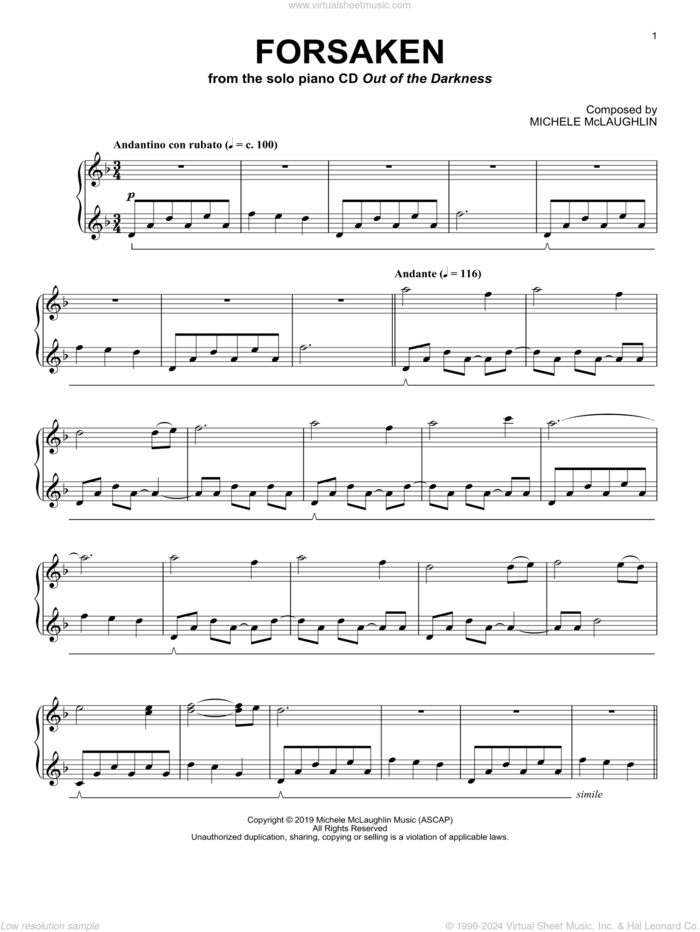 Forsaken sheet music for piano solo by Michele McLaughlin, intermediate skill level