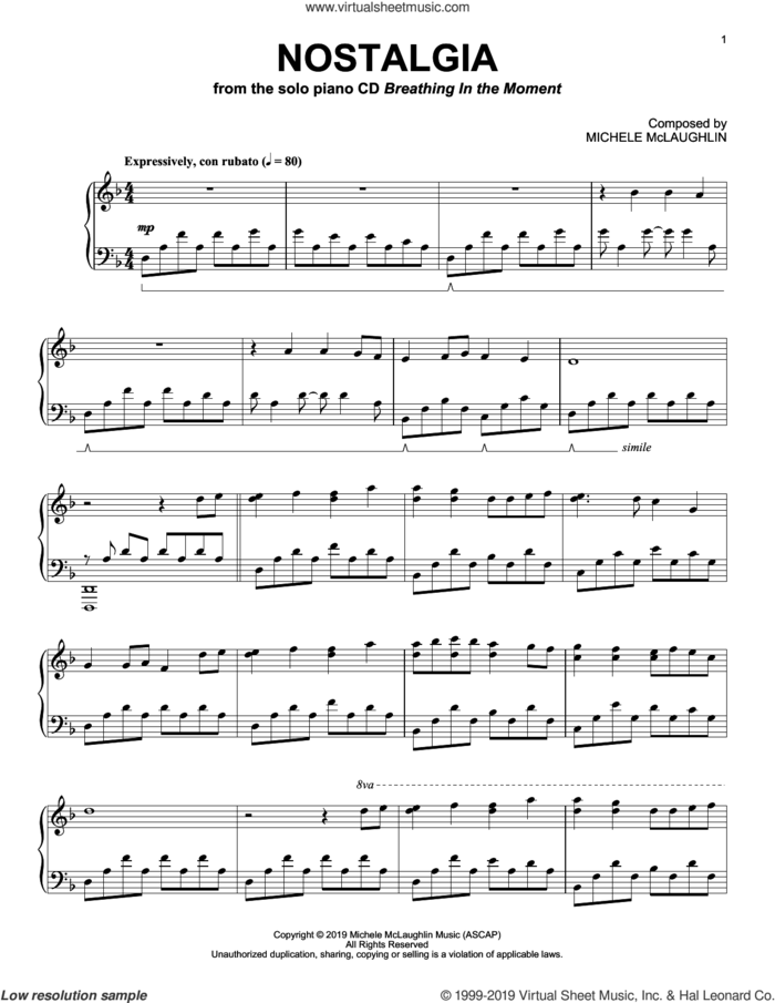 Nostalgia sheet music for piano solo by Michele McLaughlin, intermediate skill level