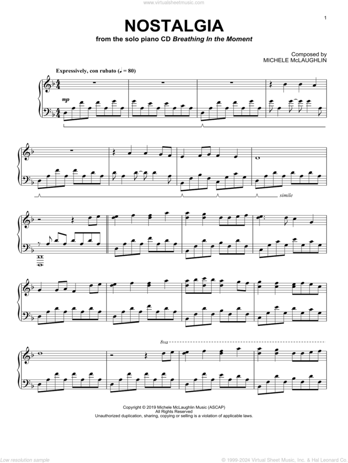 Nostalgia sheet music for piano solo by Michele McLaughlin, intermediate skill level