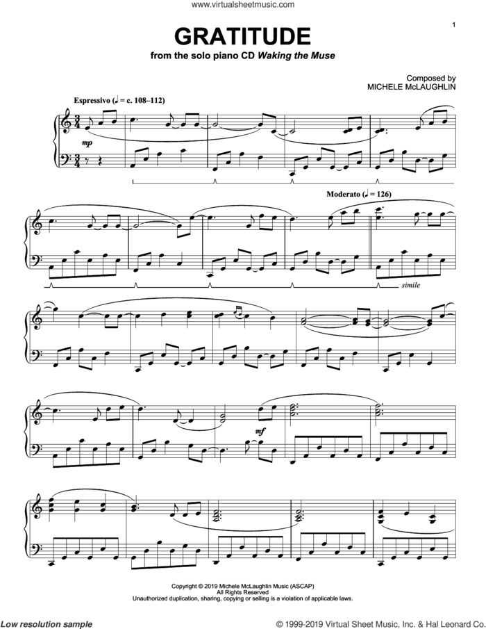 Gratitude sheet music for piano solo by Michele McLaughlin, intermediate skill level