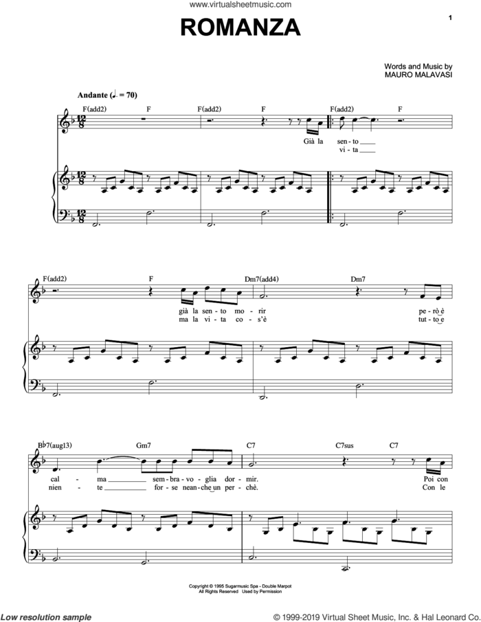Romanza sheet music for voice and piano by Andrea Bocelli and Mauro Malavasi, classical score, intermediate skill level