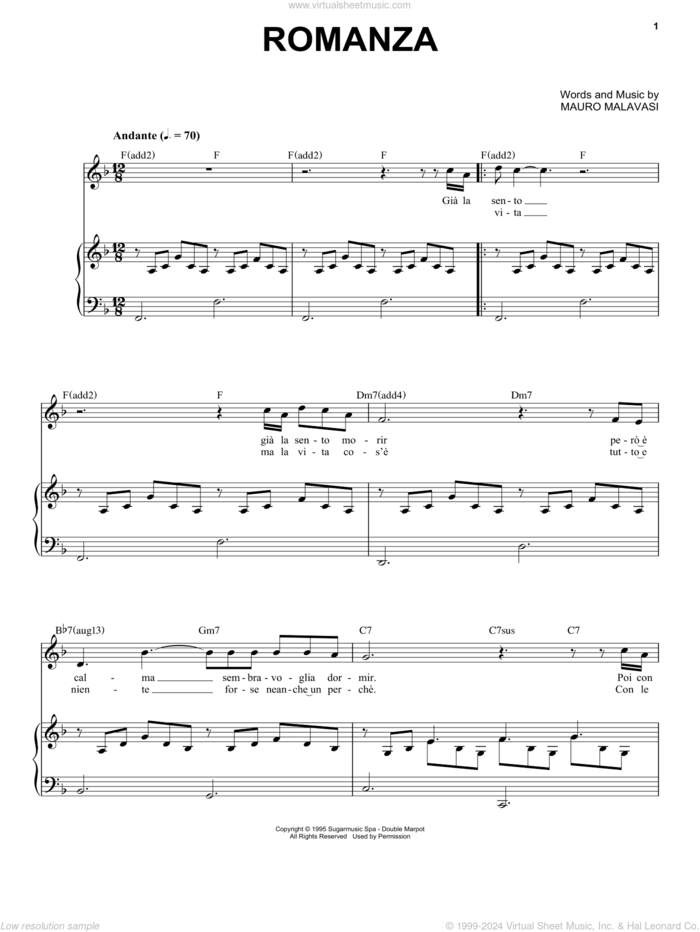 Romanza sheet music for voice and piano by Andrea Bocelli and Mauro Malavasi, classical score, intermediate skill level