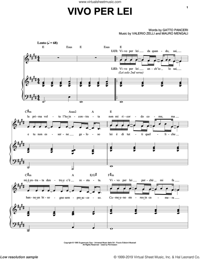 Vivo Per Lei sheet music for voice and piano by Andrea Bocelli, Gatto Panceri, Mauro Mengali and Valerio Zelli, classical score, intermediate skill level