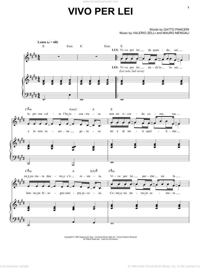 Vivo Per Lei sheet music for voice and piano by Andrea Bocelli, Gatto Panceri, Mauro Mengali and Valerio Zelli, classical score, intermediate skill level