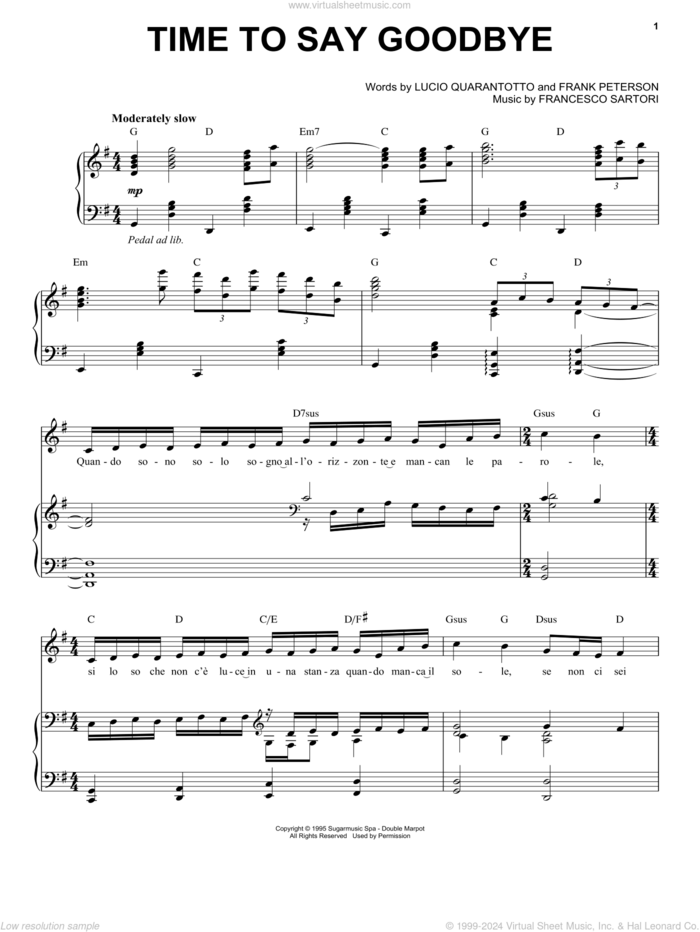 Time To Say Goodbye sheet music for voice and piano by Andrea Bocelli, Andrea Bocelli & Sarah Brightman, Francesco Sartori, Frank Peterson and Lucio Quarantotto, classical score, intermediate skill level