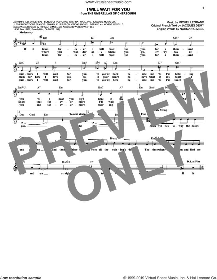 I Will Wait For You sheet music for voice and other instruments (fake book) by Norman Gimbel, Jacques Demy and Michel Legrand, intermediate skill level