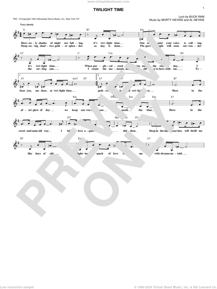 Twilight Time sheet music for voice and other instruments (fake book) by The Platters, Al Nevins, Buck Ram and Morty Nevins, intermediate skill level