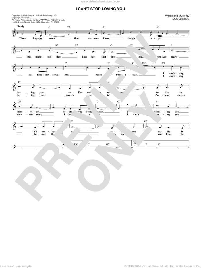I Can't Stop Loving You sheet music for voice and other instruments (fake book) by Don Gibson, Conway Twitty, Elvis Presley, Kitty Wells and Ray Charles, intermediate skill level