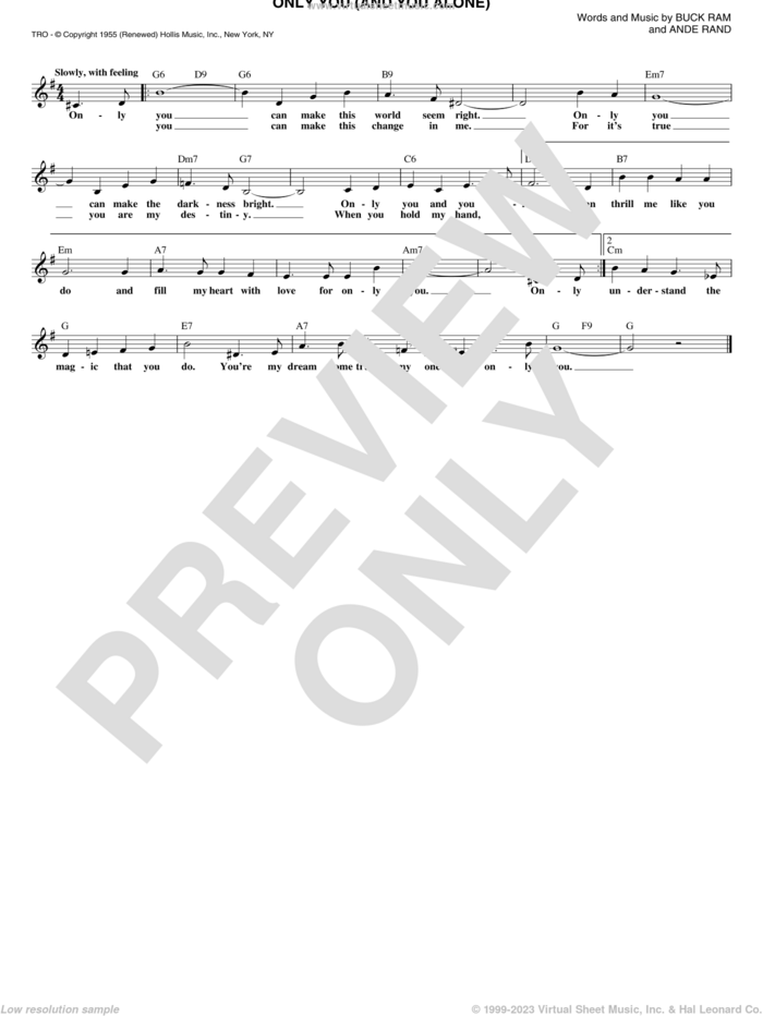 Only You (And You Alone) sheet music for voice and other instruments (fake book) by The Platters, Reba McEntire, Travis Tritt, Ande Rand and Buck Ram, intermediate skill level