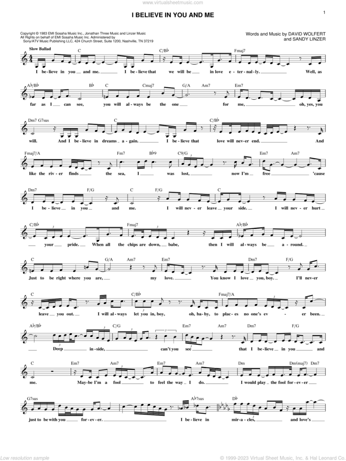 I Believe In You And Me sheet music for voice and other instruments (fake book) by The Four Tops, Whitney Houston, David Wolfert and Sandy Linzer, intermediate skill level