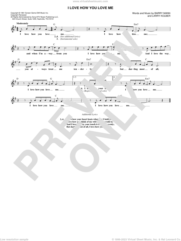 I Love How You Love Me sheet music for voice and other instruments (fake book) by Barry Mann, The Paris Sisters and Larry Kolber, intermediate skill level