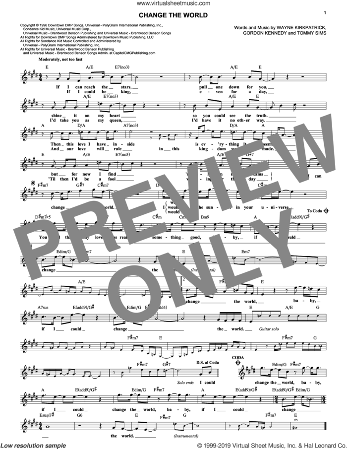 Change The World sheet music for voice and other instruments (fake book) by Eric Clapton, Wynonna, Gordon Kennedy, Tommy Sims and Wayne Kirkpatrick, intermediate skill level