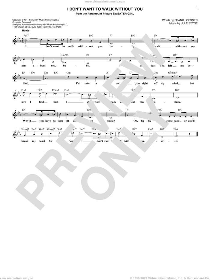 I Don't Want To Walk Without You sheet music for voice and other instruments (fake book) by Jule Styne and Frank Loesser, intermediate skill level