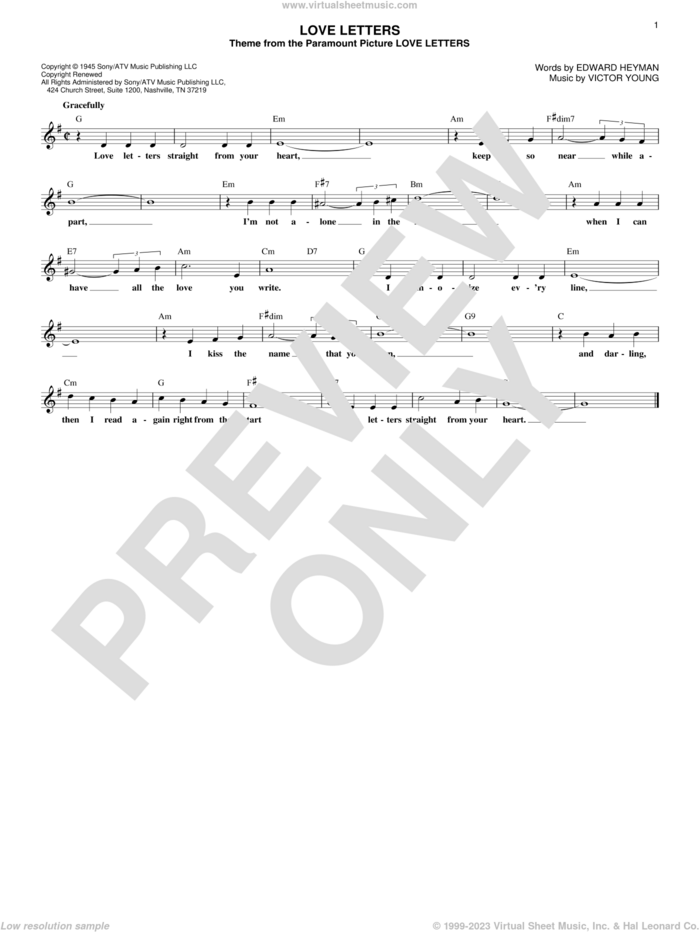 Love Letters sheet music for voice and other instruments (fake book) by Victor Young, Bonnie Raitt, Elton John, Elvis Presley, Ketty Lester, Rob Schneiderman and Edward Heyman, intermediate skill level