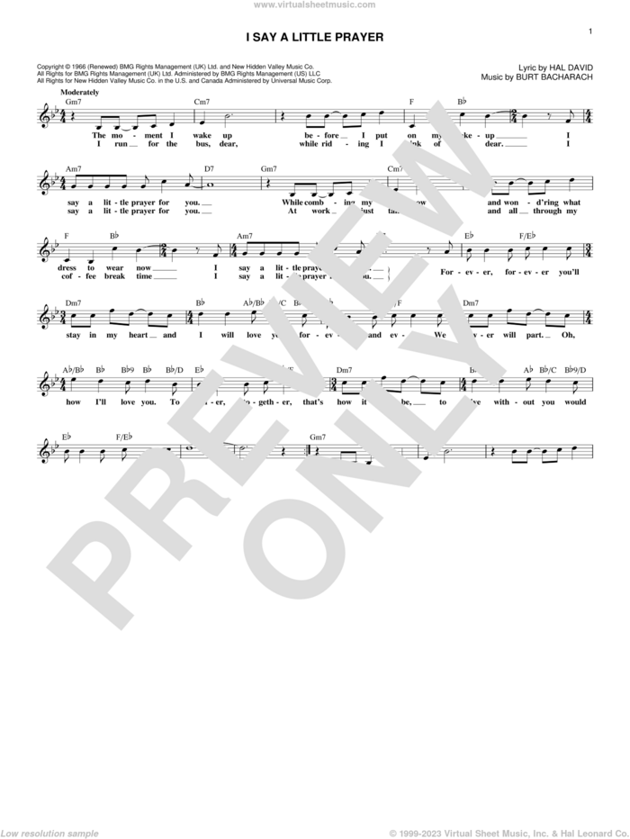 I Say A Little Prayer sheet music for voice and other instruments (fake book) by Burt Bacharach, Diana King, Dionne Warwick and Hal David, intermediate skill level