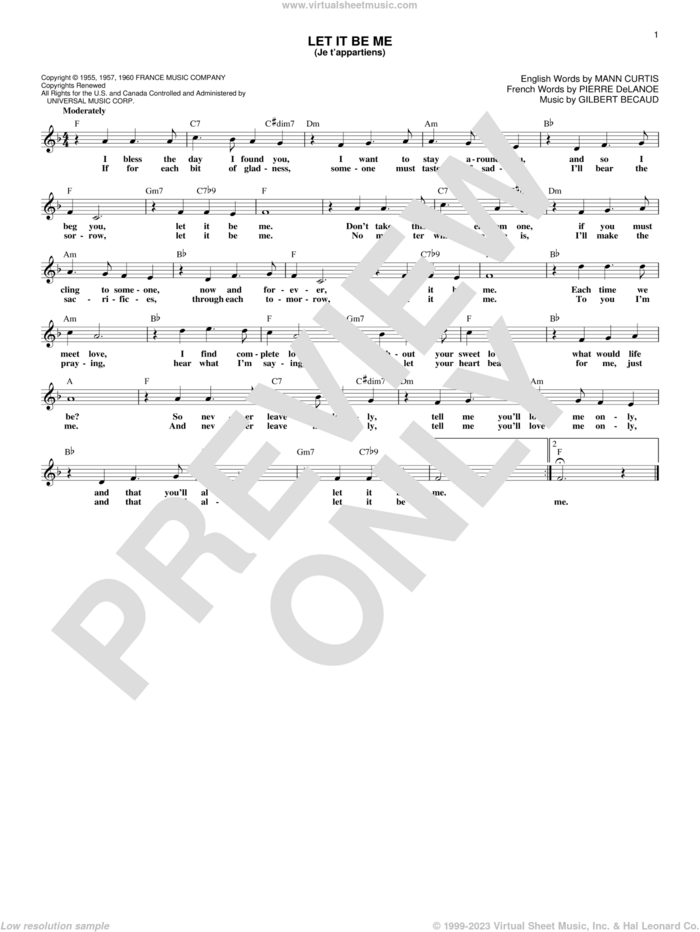 Let It Be Me (Je T'appartiens) sheet music for voice and other instruments (fake book) by Everly Brothers, Betty Everett & Jerry Butler, Elvis Presley, Gilbert Becaud, Gilbert Becaud, Mann Curtis and Pierre Delanoe, intermediate skill level