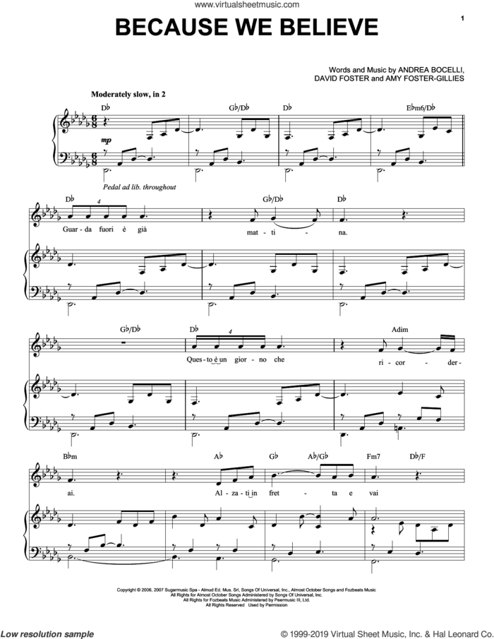 Because We Believe sheet music for voice and piano by Andrea Bocelli, Amy Foster-Gillies and David Foster, classical score, intermediate skill level