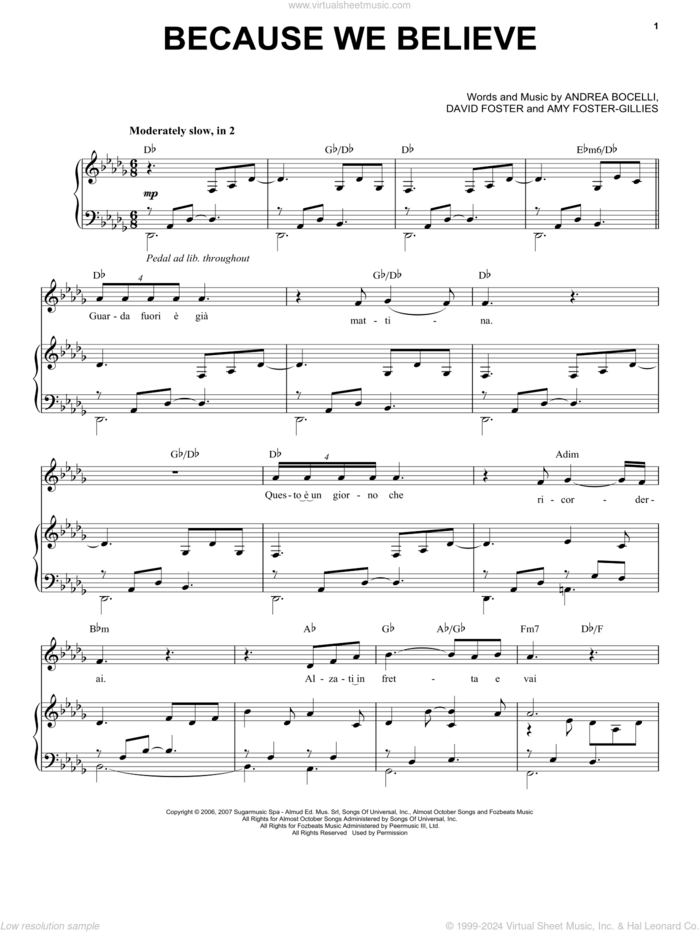 Because We Believe sheet music for voice and piano by Andrea Bocelli, Amy Foster-Gillies and David Foster, classical score, intermediate skill level