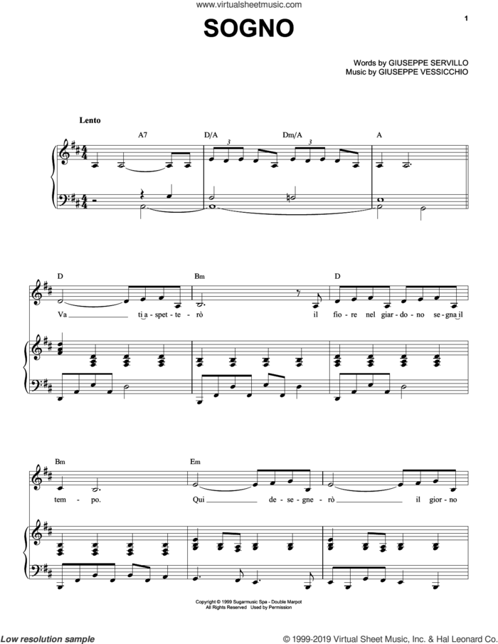 Sogno sheet music for voice and piano by Andrea Bocelli, Giuseppe Servillo and Giuseppe Vessicchio, classical score, intermediate skill level