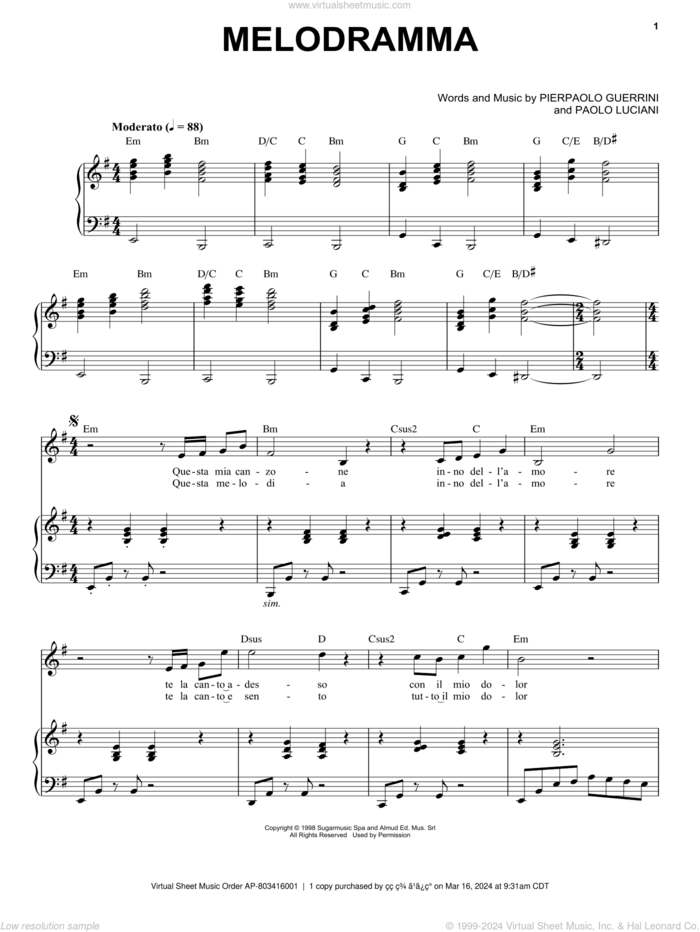 Melodramma sheet music for voice and piano by Andrea Bocelli, Paolo Luciani and Pierpaolo Guerrini, classical score, intermediate skill level