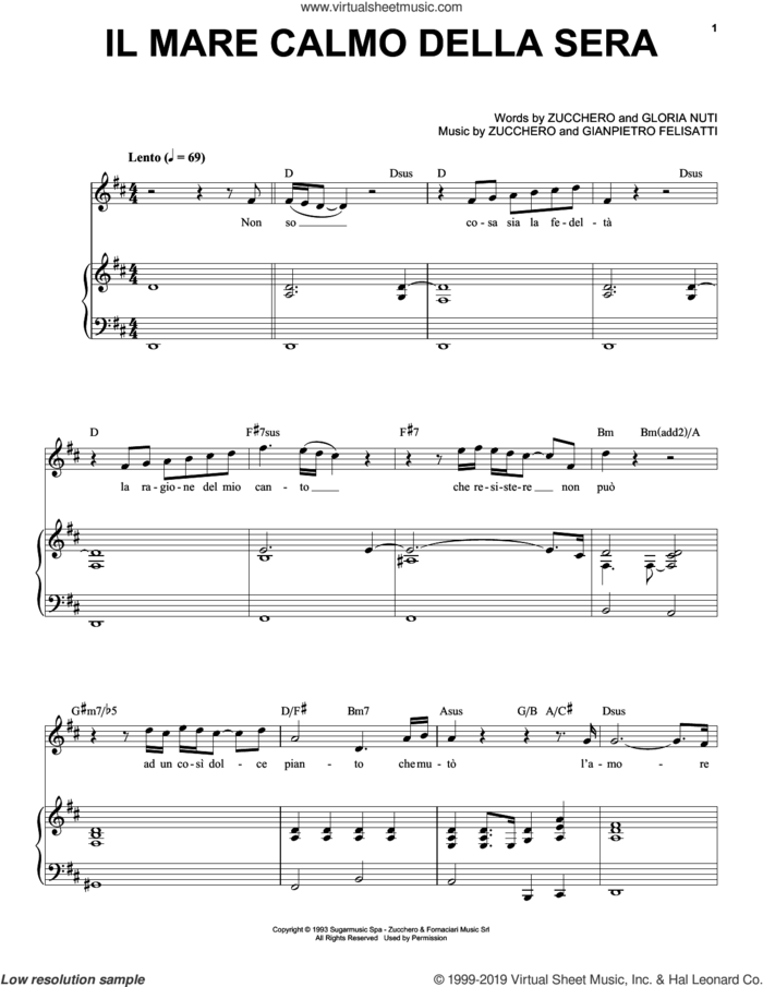 Il Mare Calmo Della Sera sheet music for voice and piano by Andrea Bocelli, Gianpietro Felisatti, Gloria Nuti and Zucchero, classical score, intermediate skill level