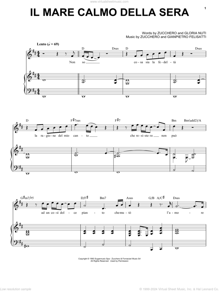 Il Mare Calmo Della Sera sheet music for voice and piano by Andrea Bocelli, Gianpietro Felisatti, Gloria Nuti and Zucchero, classical score, intermediate skill level