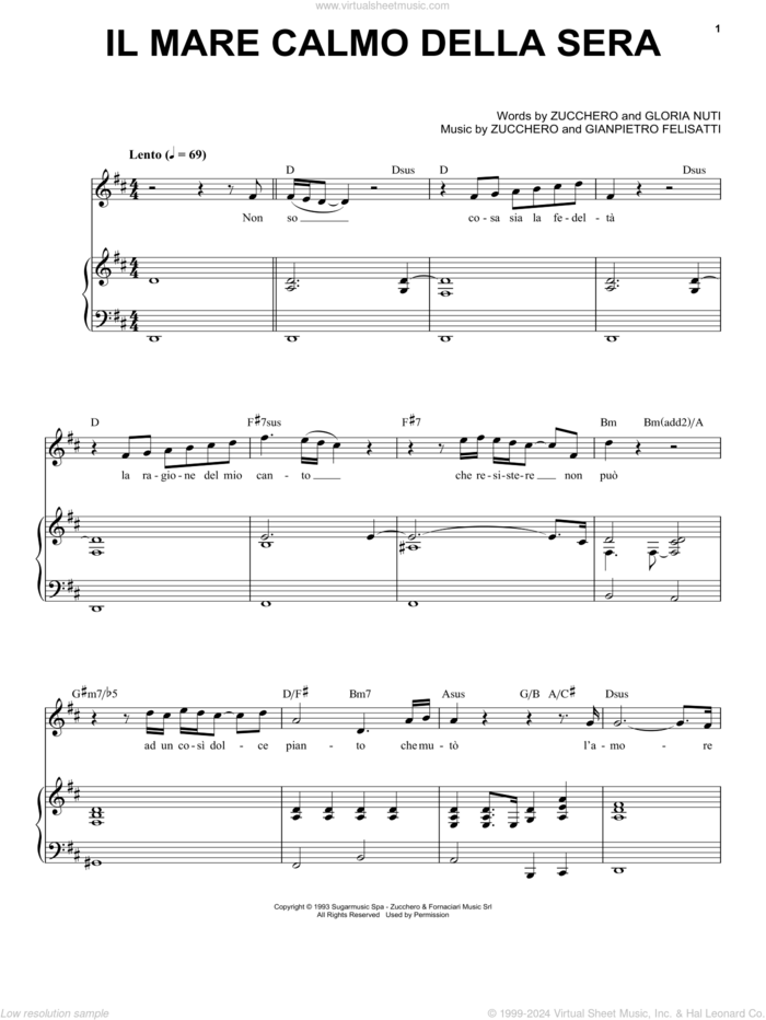 Il Mare Calmo Della Sera sheet music for voice and piano by Andrea Bocelli, Gianpietro Felisatti, Gloria Nuti and Zucchero, classical score, intermediate skill level